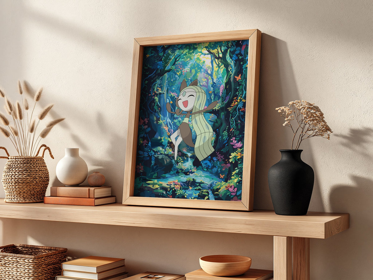 Poster featuring Meloetta dancing in colorful enchanted forest with vibrant blues greens and pinks