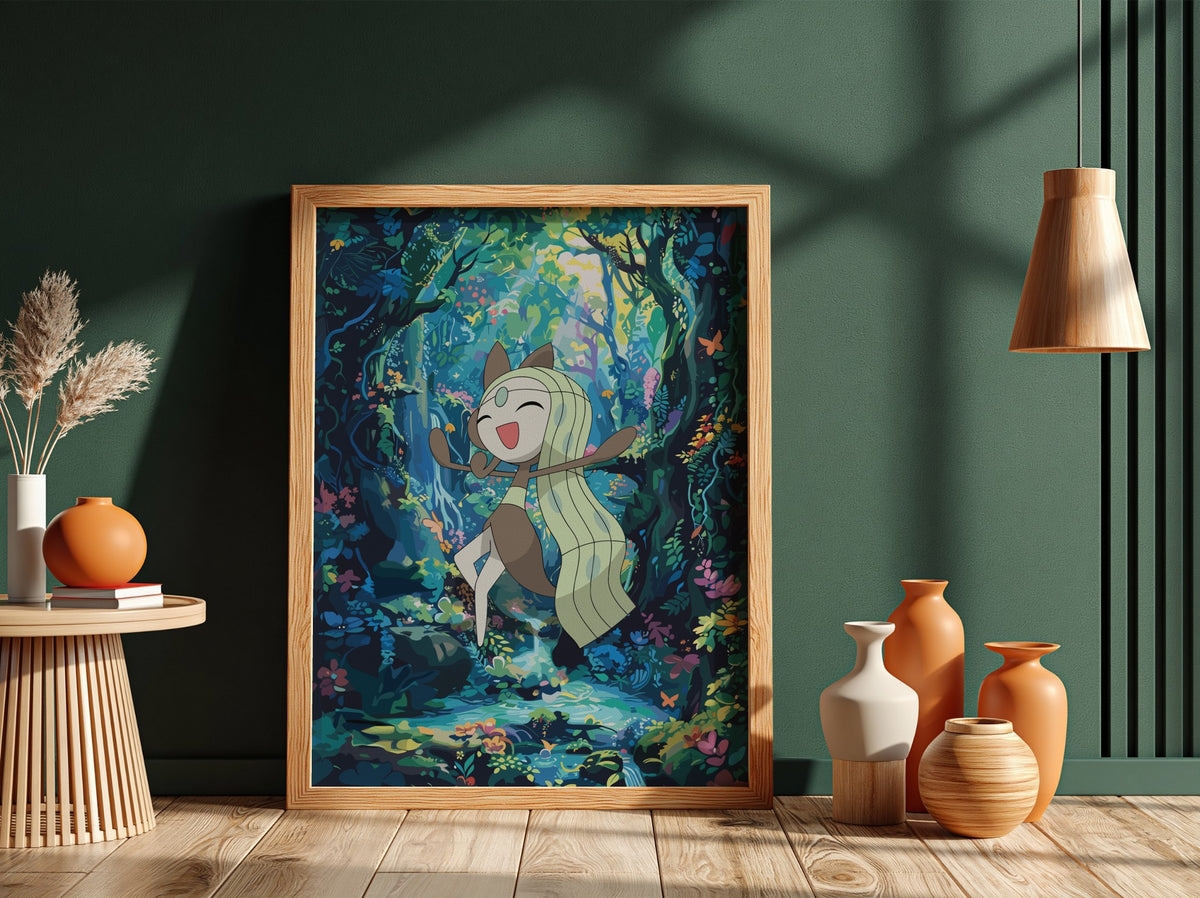 Poster featuring Meloetta dancing in colorful enchanted forest with vibrant blues greens and pinks