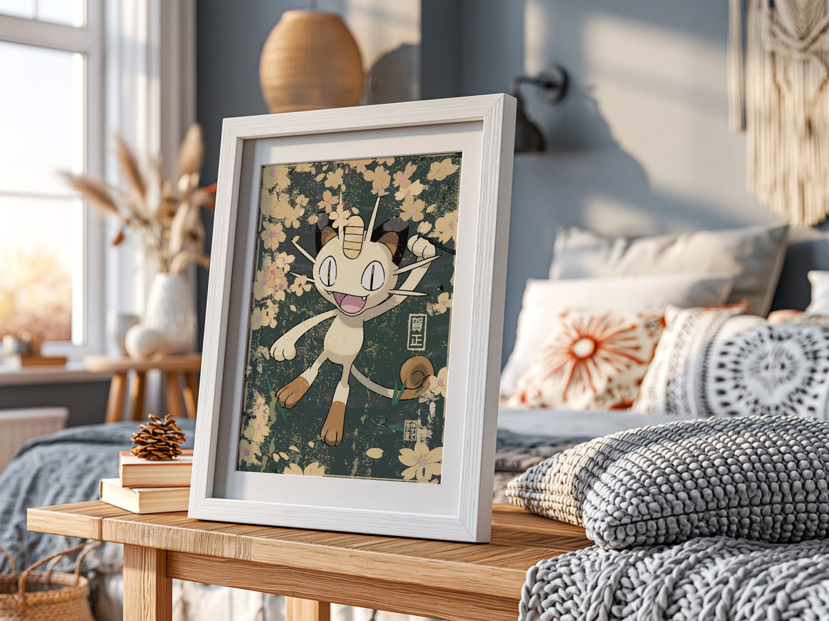 Framed poster of Meowth character with beige, brown hues and pink cherry blossom floral background