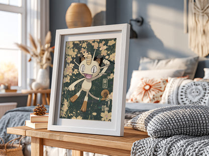 Framed poster of Meowth character with beige, brown hues and pink cherry blossom floral background
