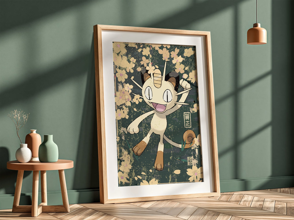 Framed poster of Meowth character with beige, brown hues and pink cherry blossom floral background