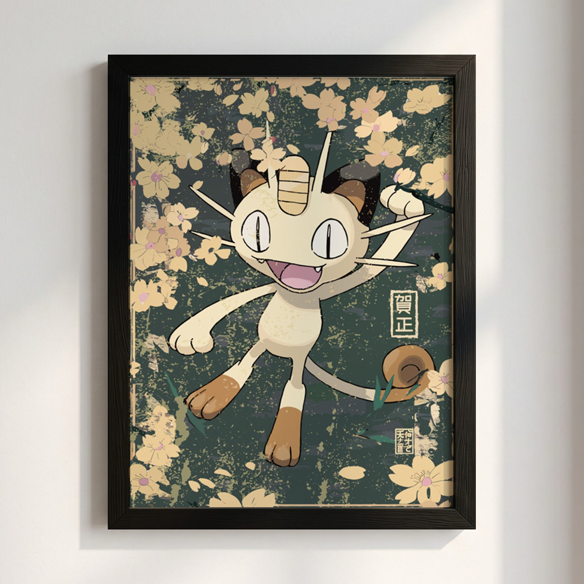 Framed poster of Meowth character with beige, brown hues and pink cherry blossom floral background