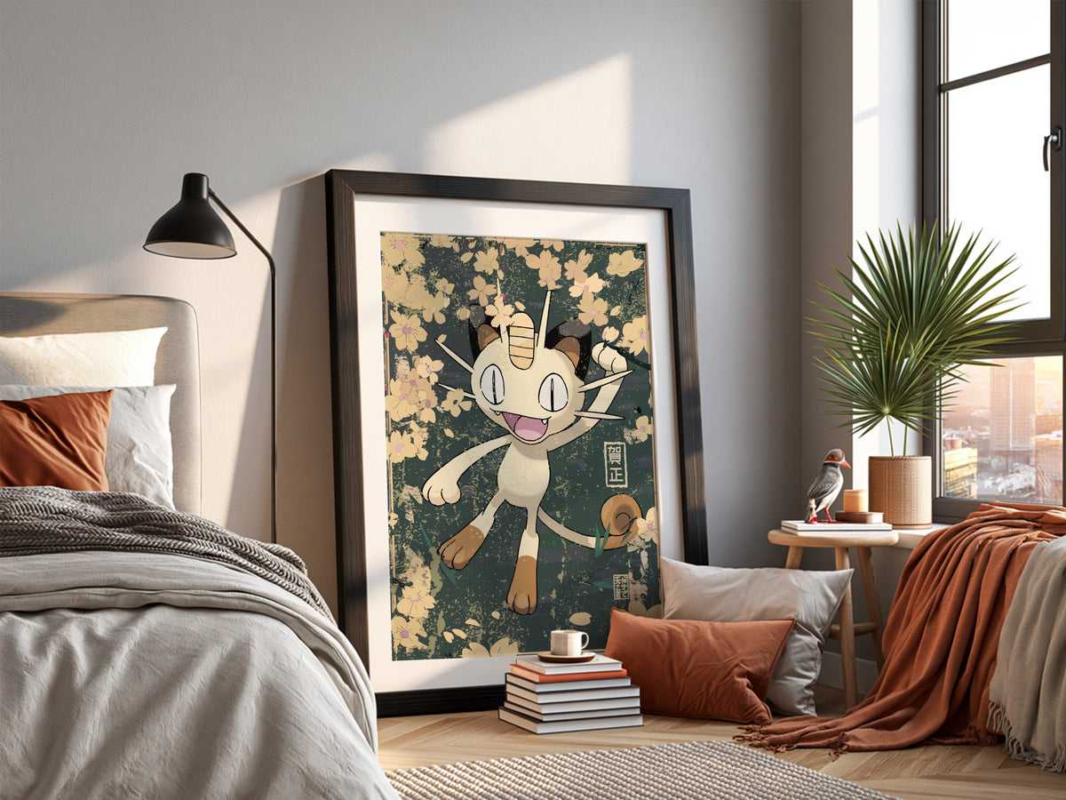 Framed poster of Meowth character with beige, brown hues and pink cherry blossom floral background