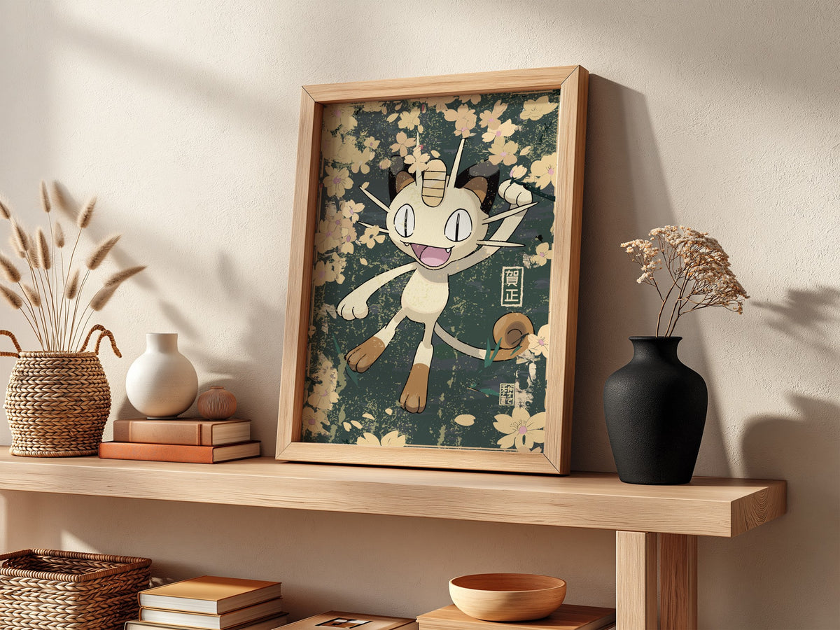 Framed poster of Meowth character with beige, brown hues and pink cherry blossom floral background