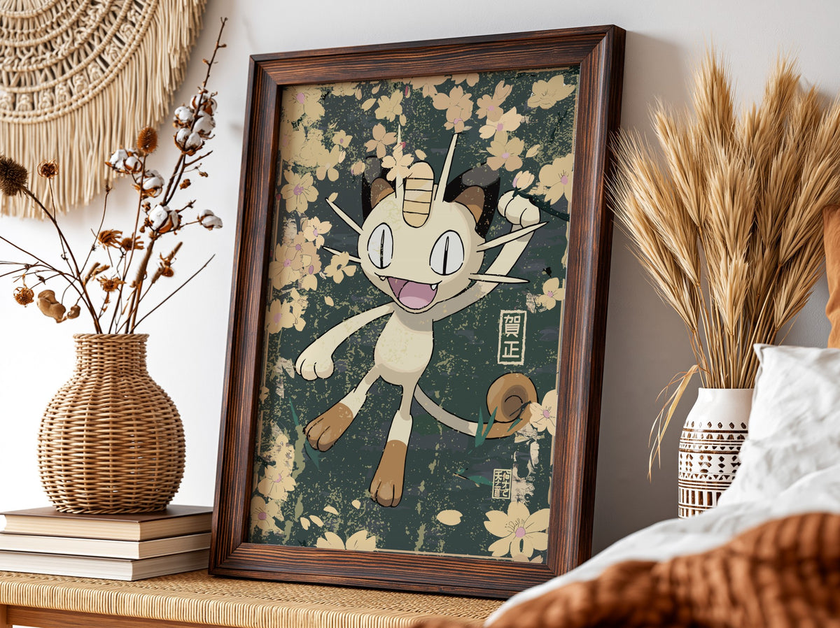 Framed poster of Meowth character with beige, brown hues and pink cherry blossom floral background