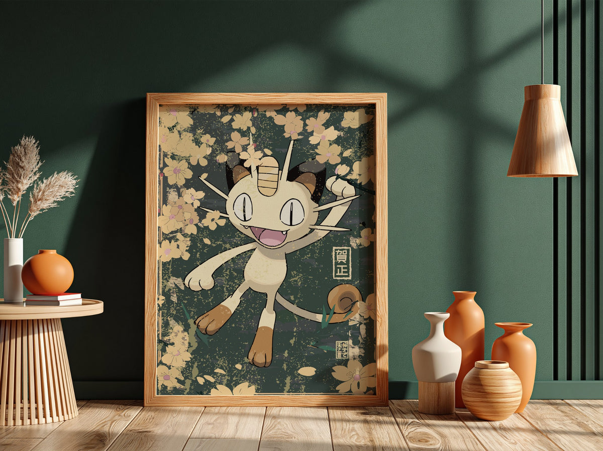 Framed poster of Meowth character with beige, brown hues and pink cherry blossom floral background