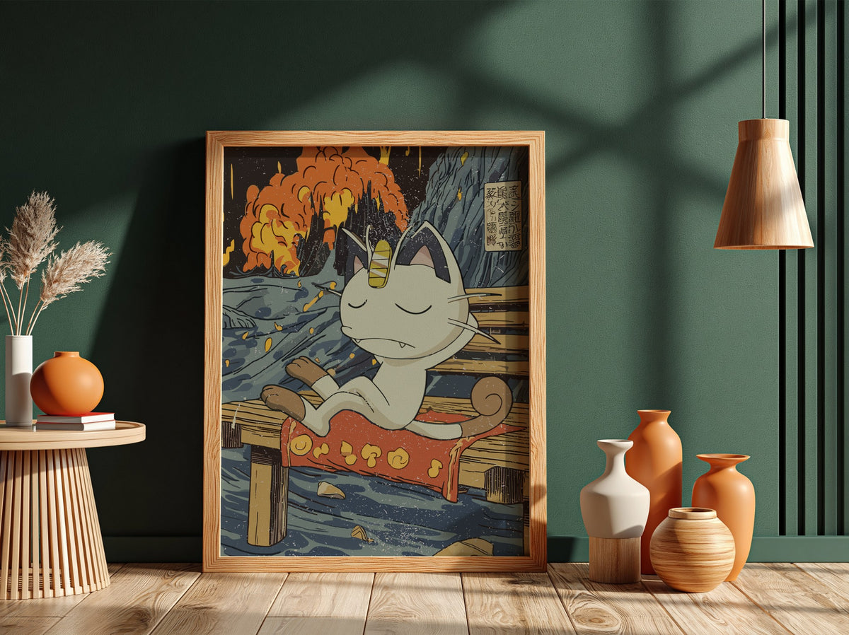 Meowth poster with Japanese ukiyo-e style waves and fiery sky, anime character sitting on wooden bench