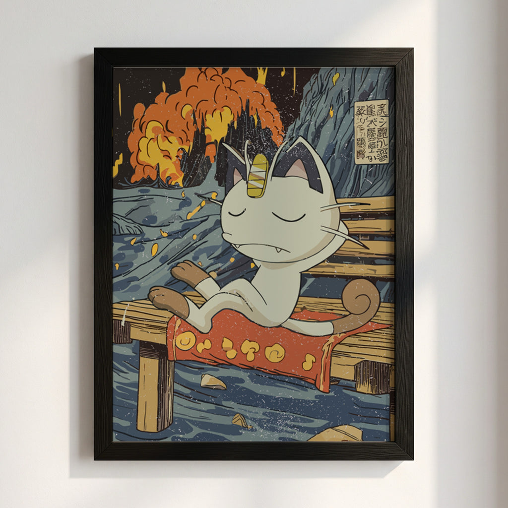 Meowth poster with Japanese ukiyo-e style waves and fiery sky, anime character sitting on wooden bench
