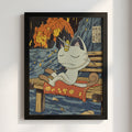 Meowth poster with Japanese ukiyo-e style waves and fiery sky, anime character sitting on wooden bench