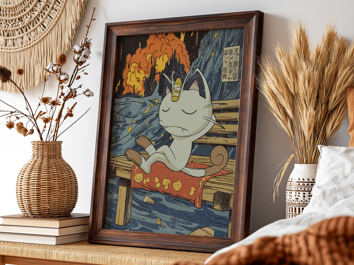 Meowth poster with Japanese ukiyo-e style waves and fiery sky, anime character sitting on wooden bench