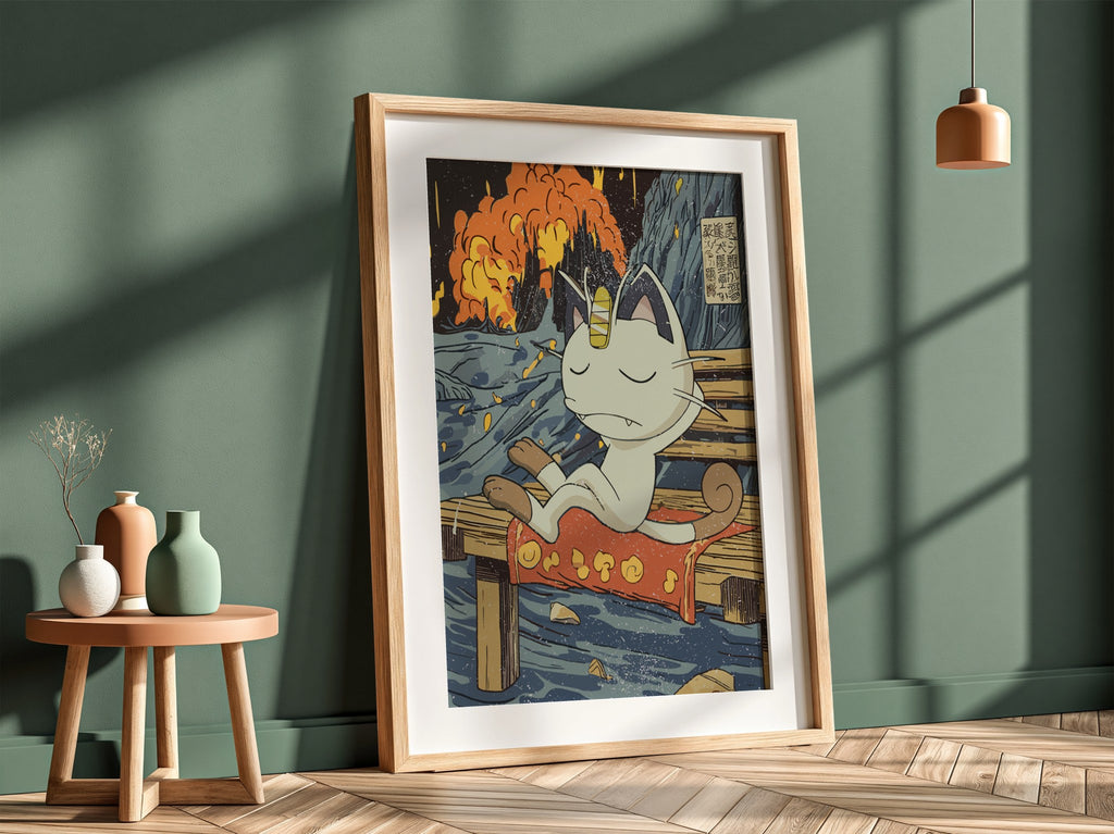 Meowth poster with Japanese ukiyo-e style waves and fiery sky, anime character sitting on wooden bench