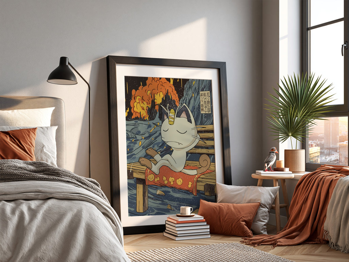 Meowth poster with Japanese ukiyo-e style waves and fiery sky, anime character sitting on wooden bench