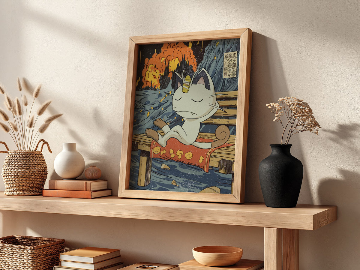 Meowth poster with Japanese ukiyo-e style waves and fiery sky, anime character sitting on wooden bench