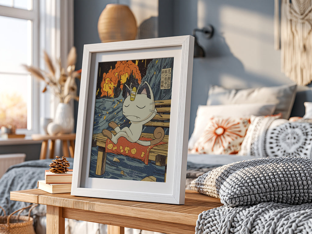 Meowth poster with Japanese ukiyo-e style waves and fiery sky, anime character sitting on wooden bench