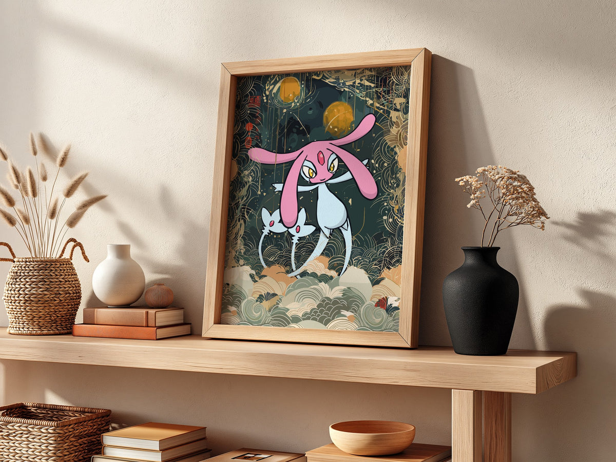Poster featuring Mesprit character in pink and white with gold orbs and swirling clouds background