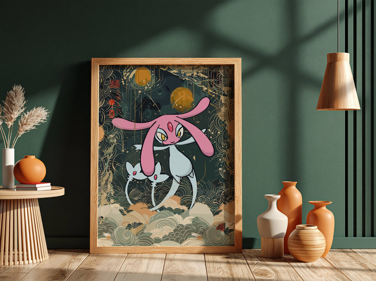 Poster featuring Mesprit character in pink and white with gold orbs and swirling clouds background