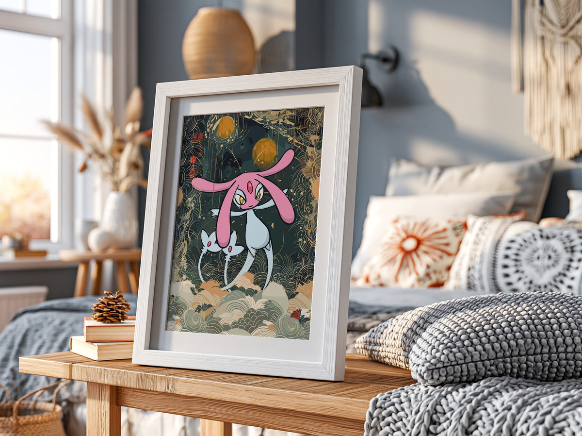 Poster featuring Mesprit character in pink and white with gold orbs and swirling clouds background