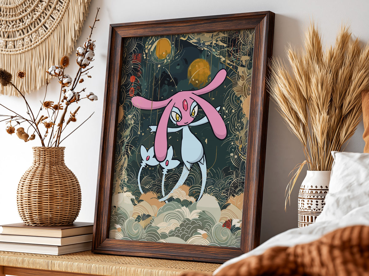 Poster featuring Mesprit character in pink and white with gold orbs and swirling clouds background