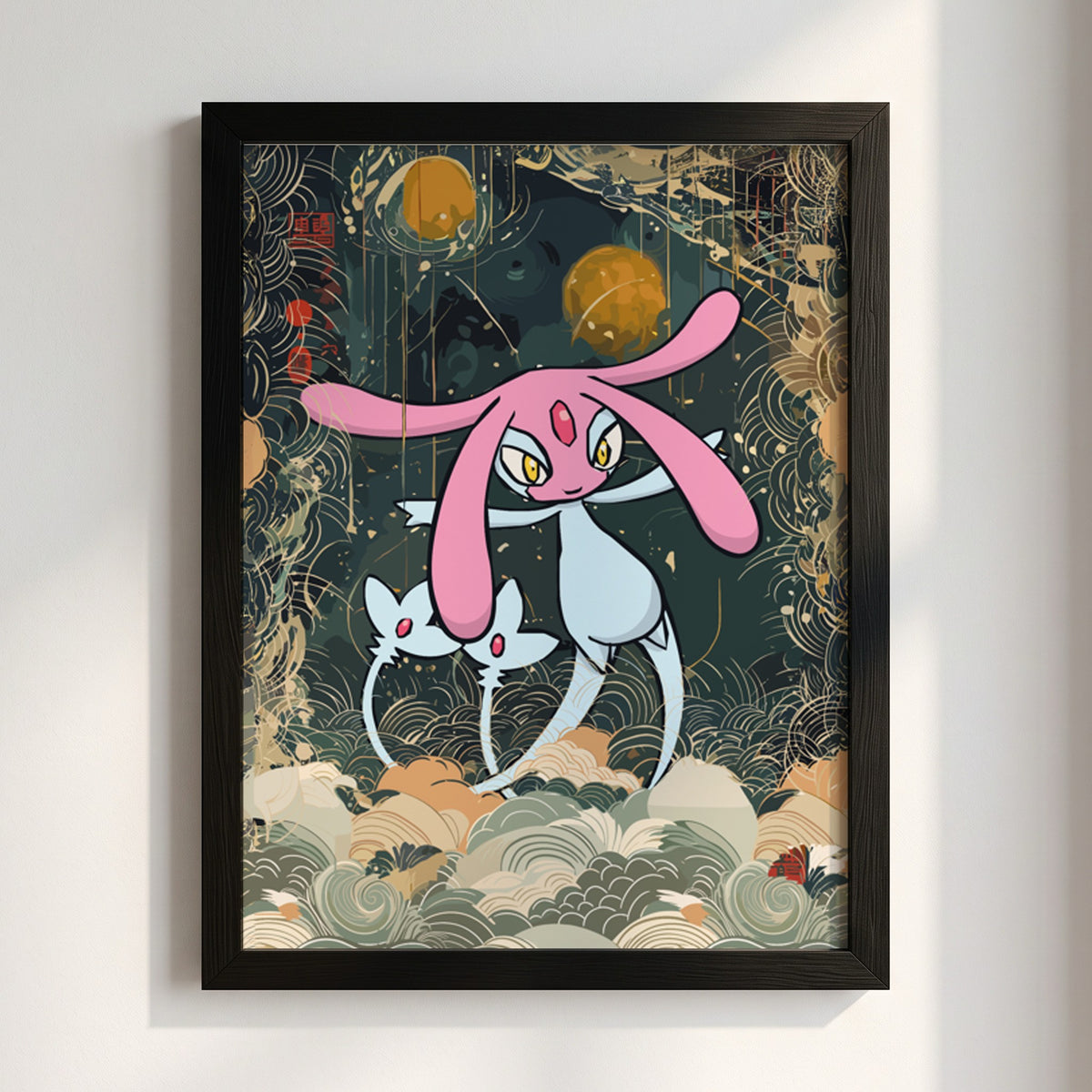 Poster featuring Mesprit character in pink and white with gold orbs and swirling clouds background