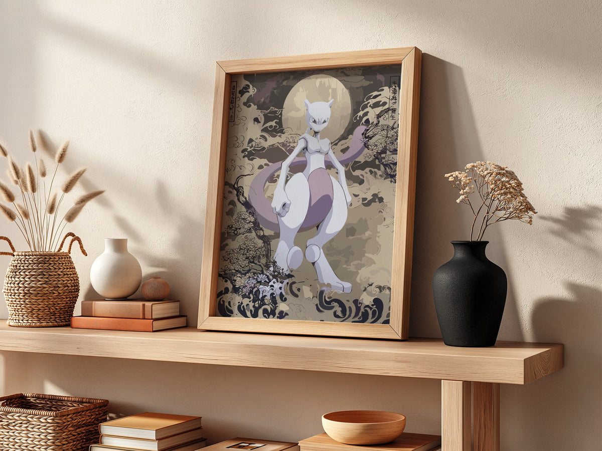 Poster wall decor featuring Mewtwo in muted purples and greys with stylized Japanese wave design