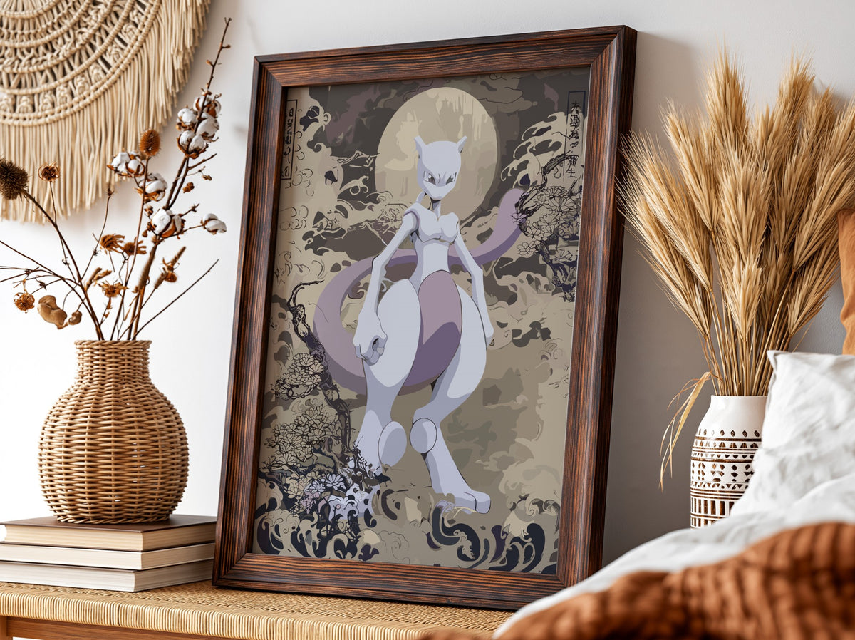 Poster wall decor featuring Mewtwo in muted purples and greys with stylized Japanese wave design