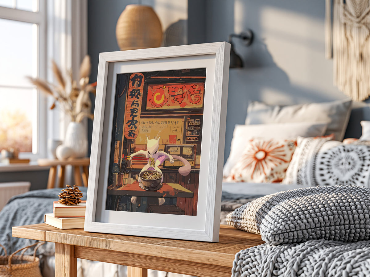 Framed Mewtwo Ramen Series poster with warm red and orange tones, anime style and Japanese text