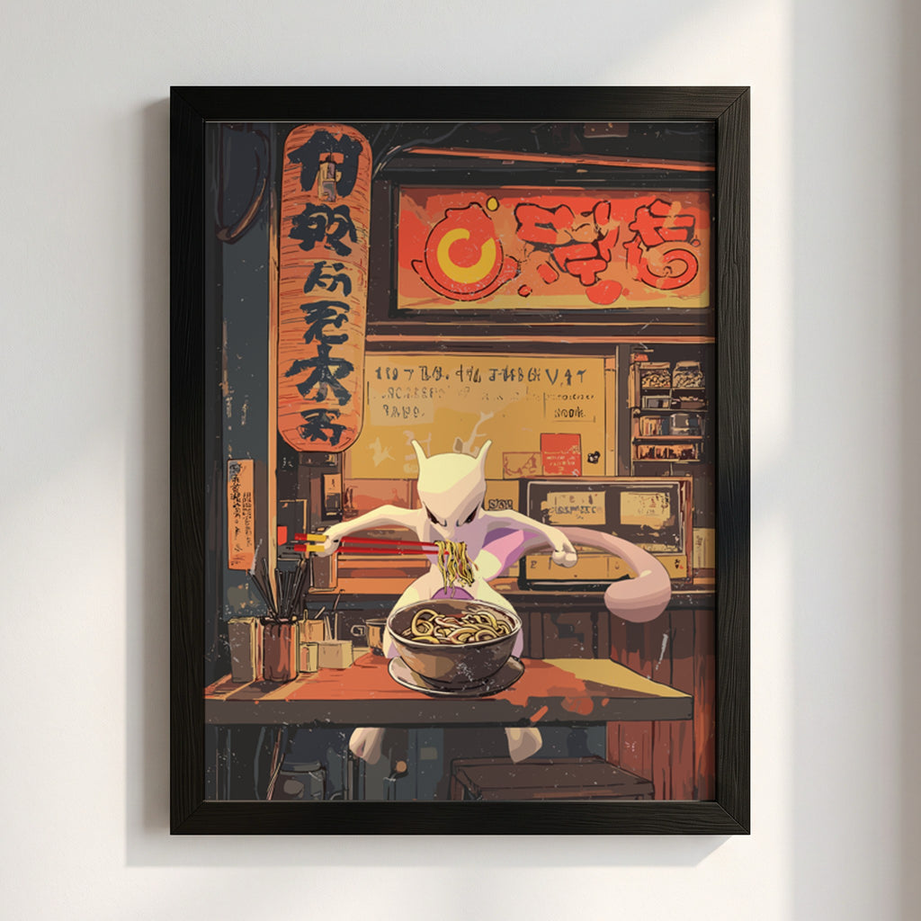 Framed Mewtwo Ramen Series poster with warm red and orange tones, anime style and Japanese text