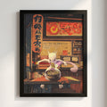 Framed Mewtwo Ramen Series poster with warm red and orange tones, anime style and Japanese text