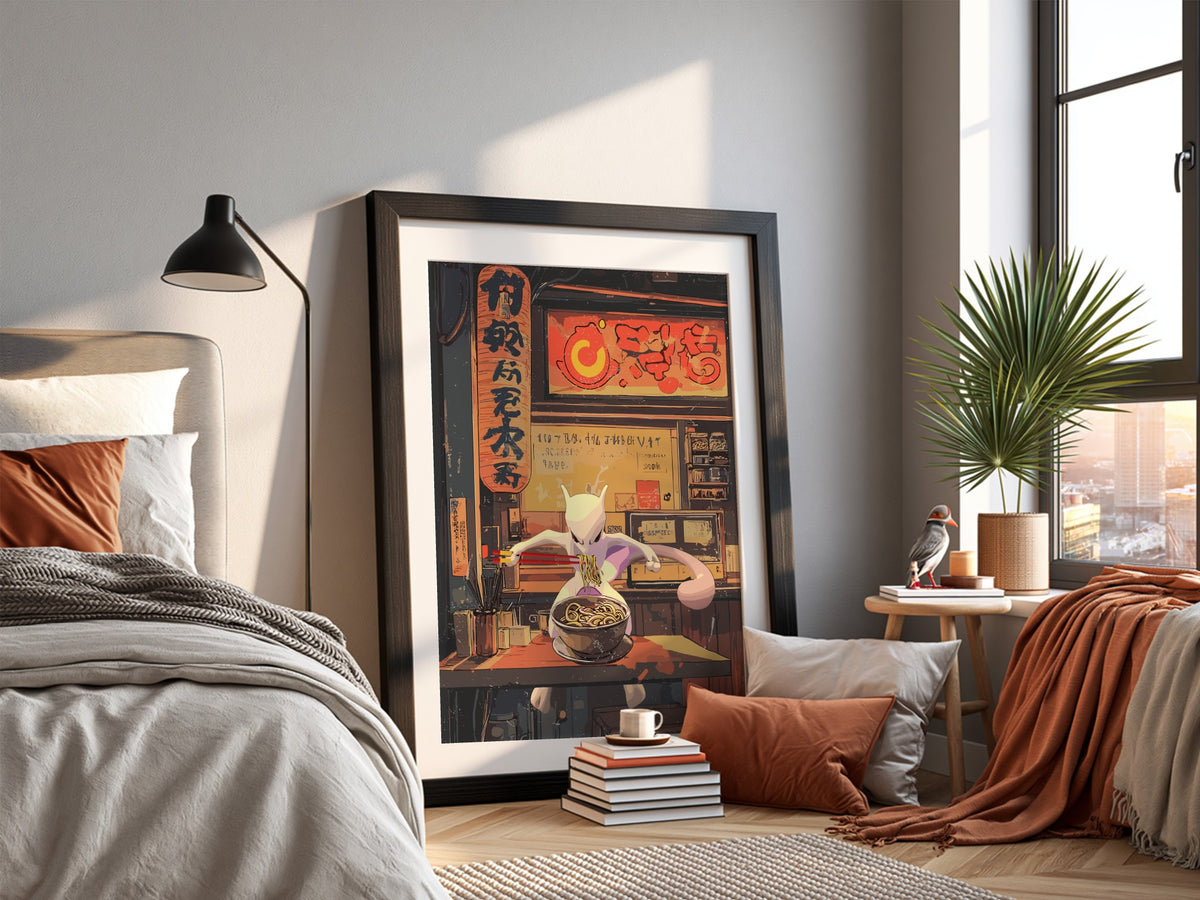 Framed Mewtwo Ramen Series poster with warm red and orange tones, anime style and Japanese text