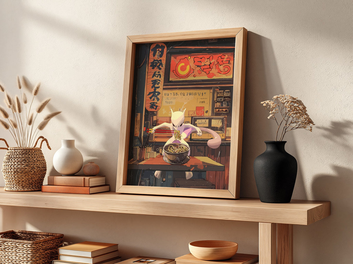 Framed Mewtwo Ramen Series poster with warm red and orange tones, anime style and Japanese text