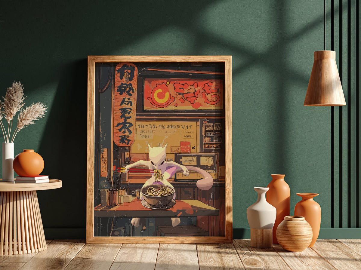Framed Mewtwo Ramen Series poster with warm red and orange tones, anime style and Japanese text