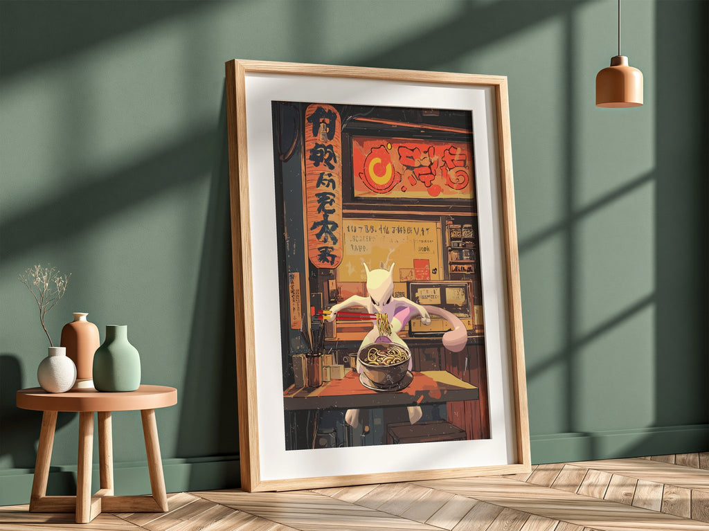Framed Mewtwo Ramen Series poster with warm red and orange tones, anime style and Japanese text
