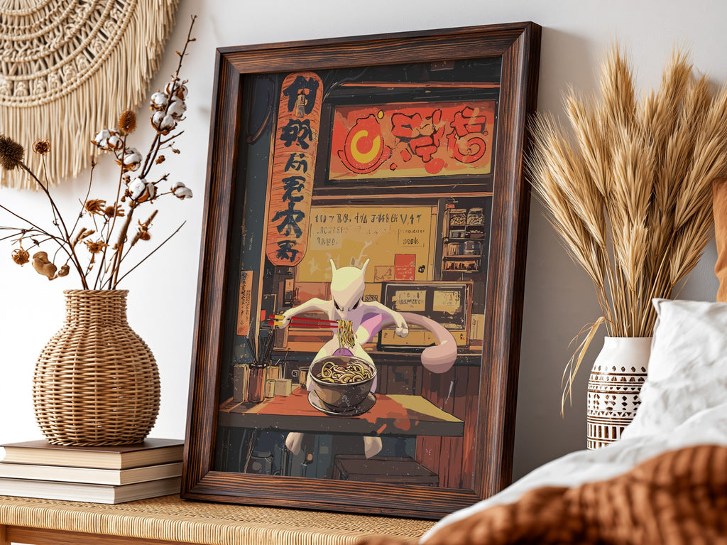 Framed Mewtwo Ramen Series poster with warm red and orange tones, anime style and Japanese text