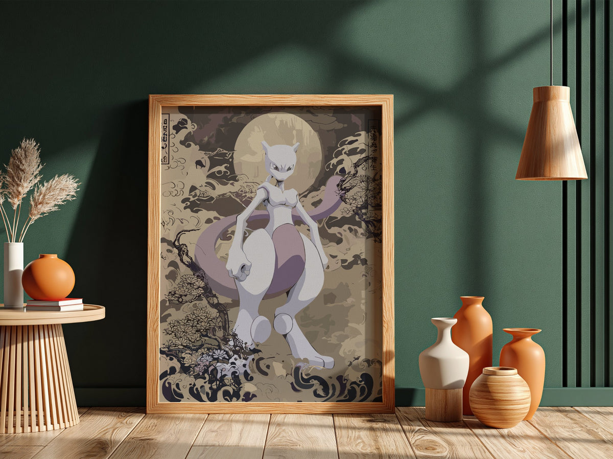 Poster wall decor featuring Mewtwo in muted purples and greys with stylized Japanese wave design
