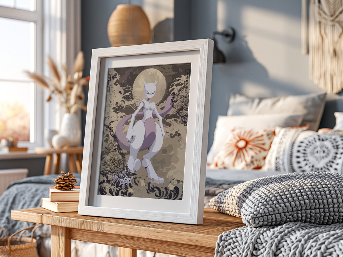 Poster wall decor featuring Mewtwo in muted purples and greys with stylized Japanese wave design
