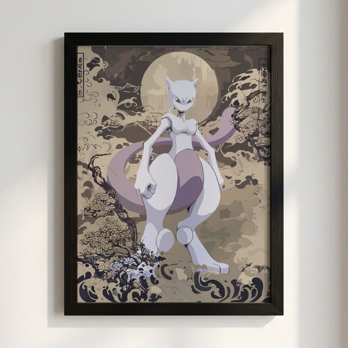 Poster wall decor featuring Mewtwo in muted purples and greys with stylized Japanese wave design
