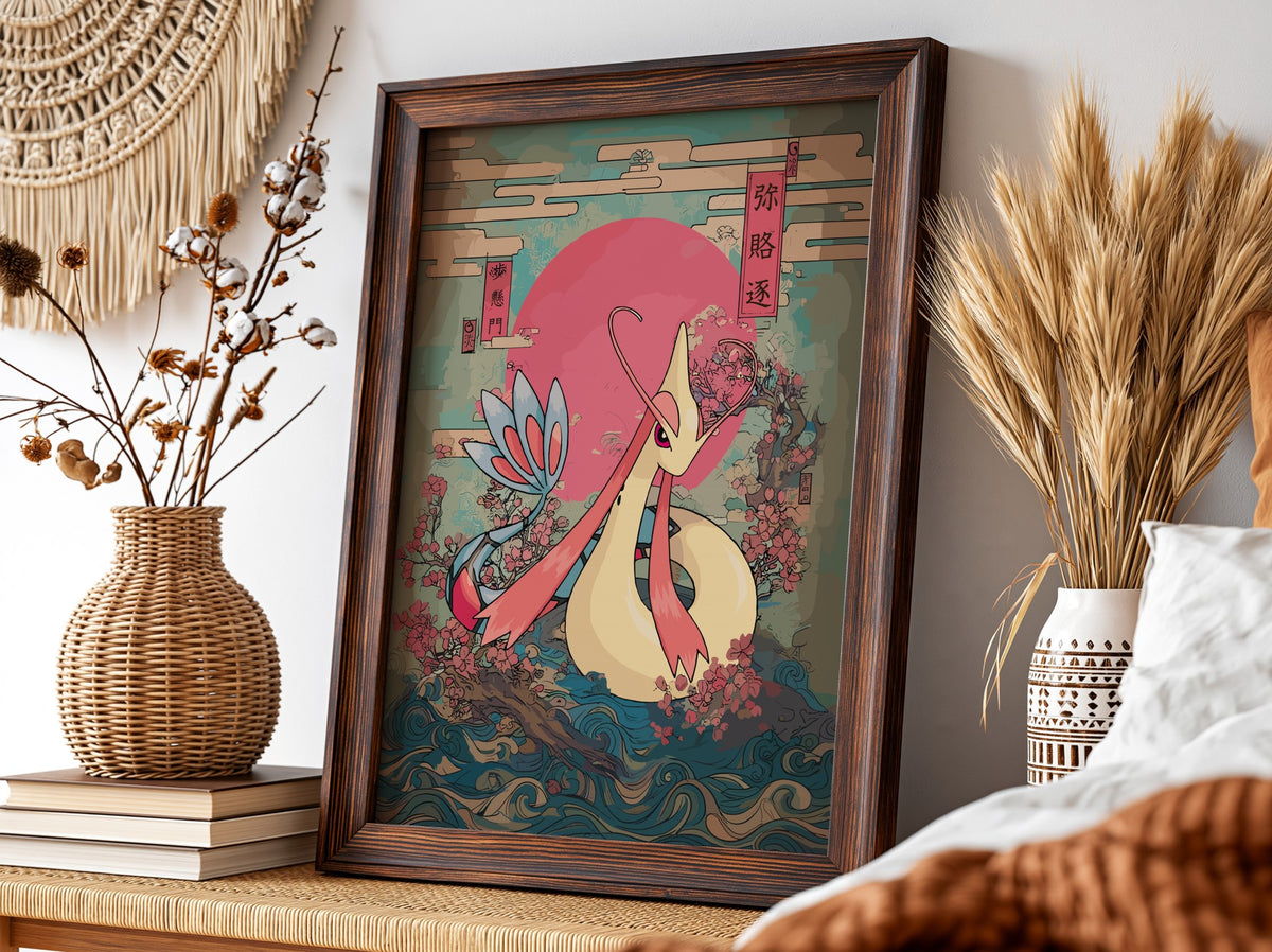 Pokemon poster featuring Milotic with red sun, cherry blossoms, ocean waves in Japanese art style