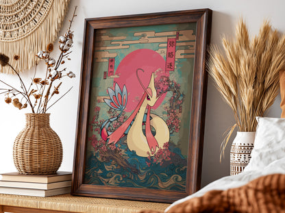 Pokemon poster featuring Milotic with red sun, cherry blossoms, ocean waves in Japanese art style