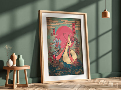 Pokemon poster featuring Milotic with red sun, cherry blossoms, ocean waves in Japanese art style