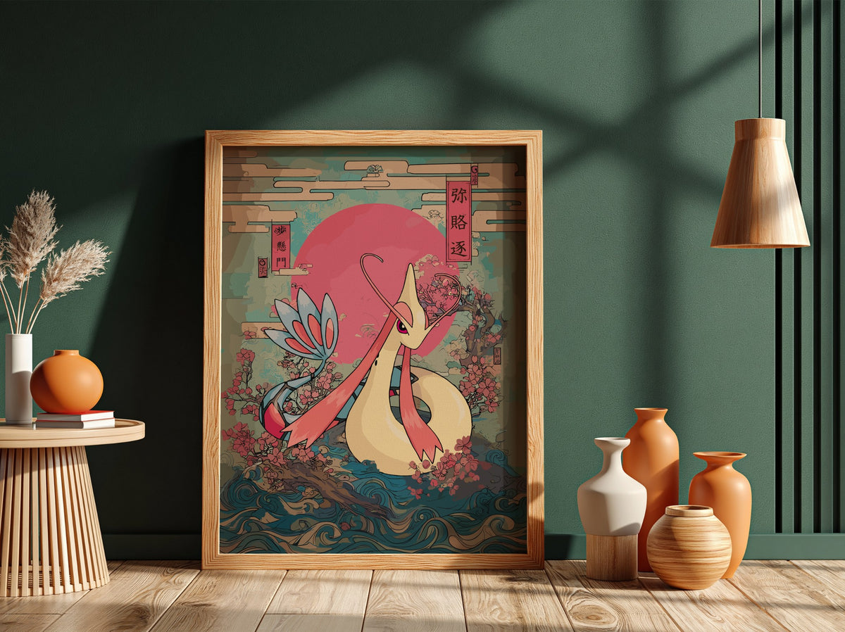 Pokemon poster featuring Milotic with red sun, cherry blossoms, ocean waves in Japanese art style