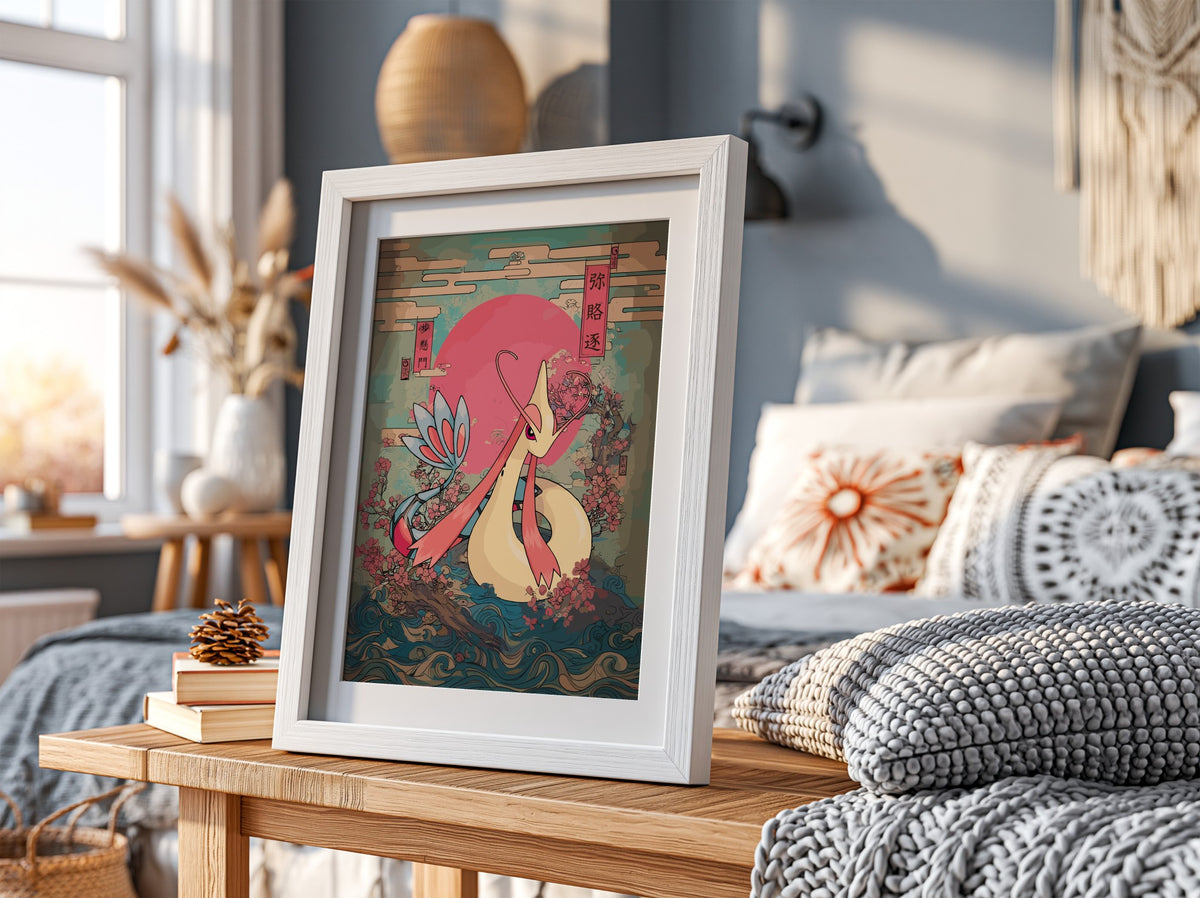 Pokemon poster featuring Milotic with red sun, cherry blossoms, ocean waves in Japanese art style