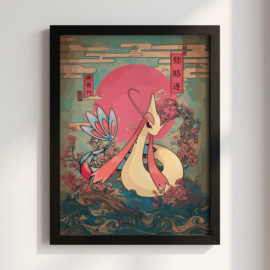 Pokemon poster featuring Milotic with red sun, cherry blossoms, ocean waves in Japanese art style