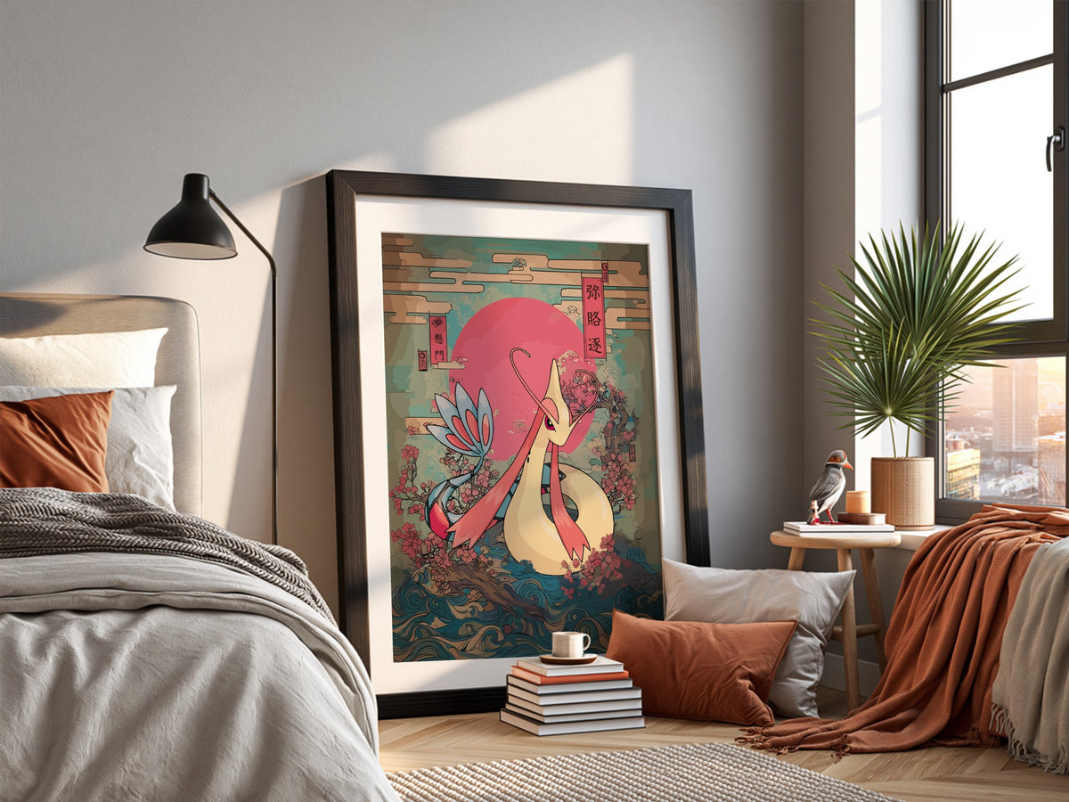 Pokemon poster featuring Milotic with red sun, cherry blossoms, ocean waves in Japanese art style