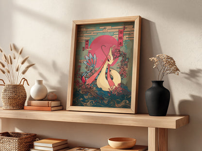 Pokemon poster featuring Milotic with red sun, cherry blossoms, ocean waves in Japanese art style