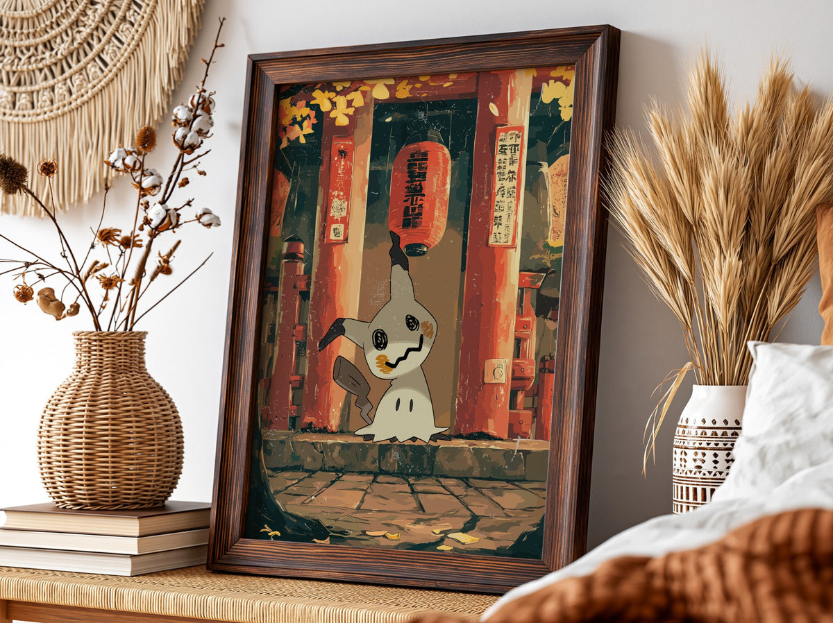 Poster of Mimikyu in warm autumn colors standing before a red Japanese shrine with fallen leaves