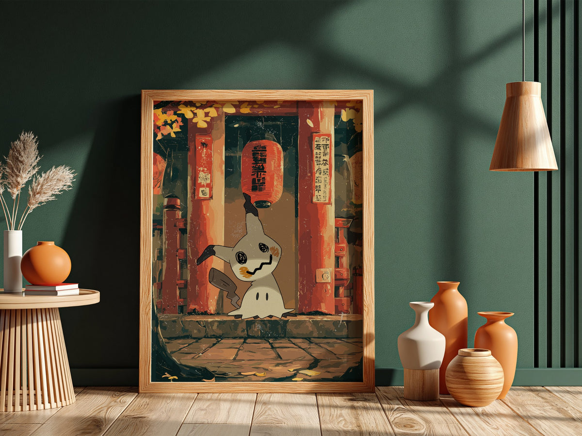 Poster of Mimikyu in warm autumn colors standing before a red Japanese shrine with fallen leaves