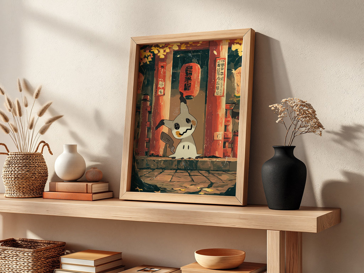 Poster of Mimikyu in warm autumn colors standing before a red Japanese shrine with fallen leaves