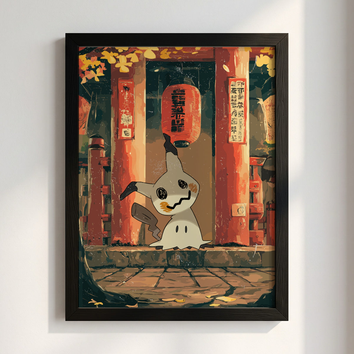 Poster of Mimikyu in warm autumn colors standing before a red Japanese shrine with fallen leaves