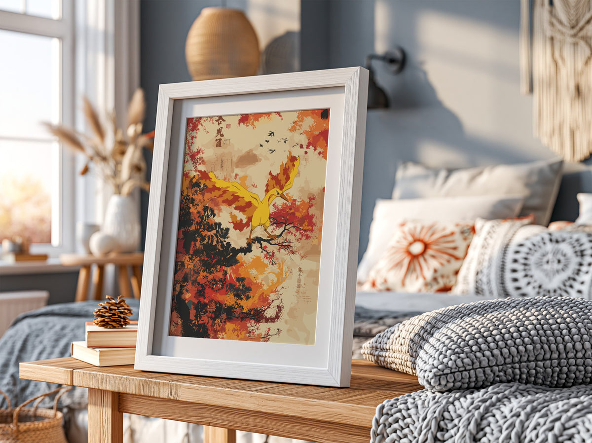 Poster of Moltres firebird in bright orange and yellow flames flying over autumn trees with red and dark