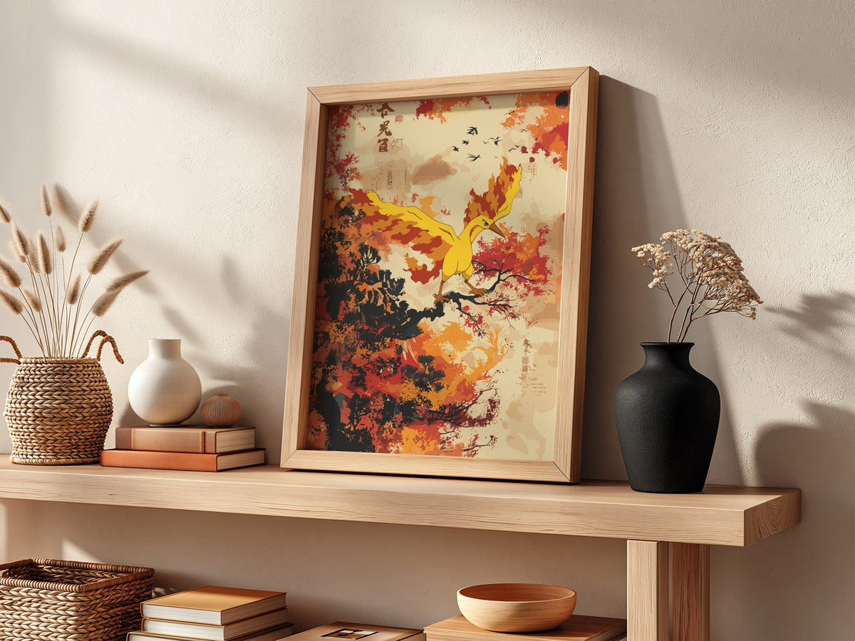 Poster of Moltres firebird in bright orange and yellow flames flying over autumn trees with red and dark